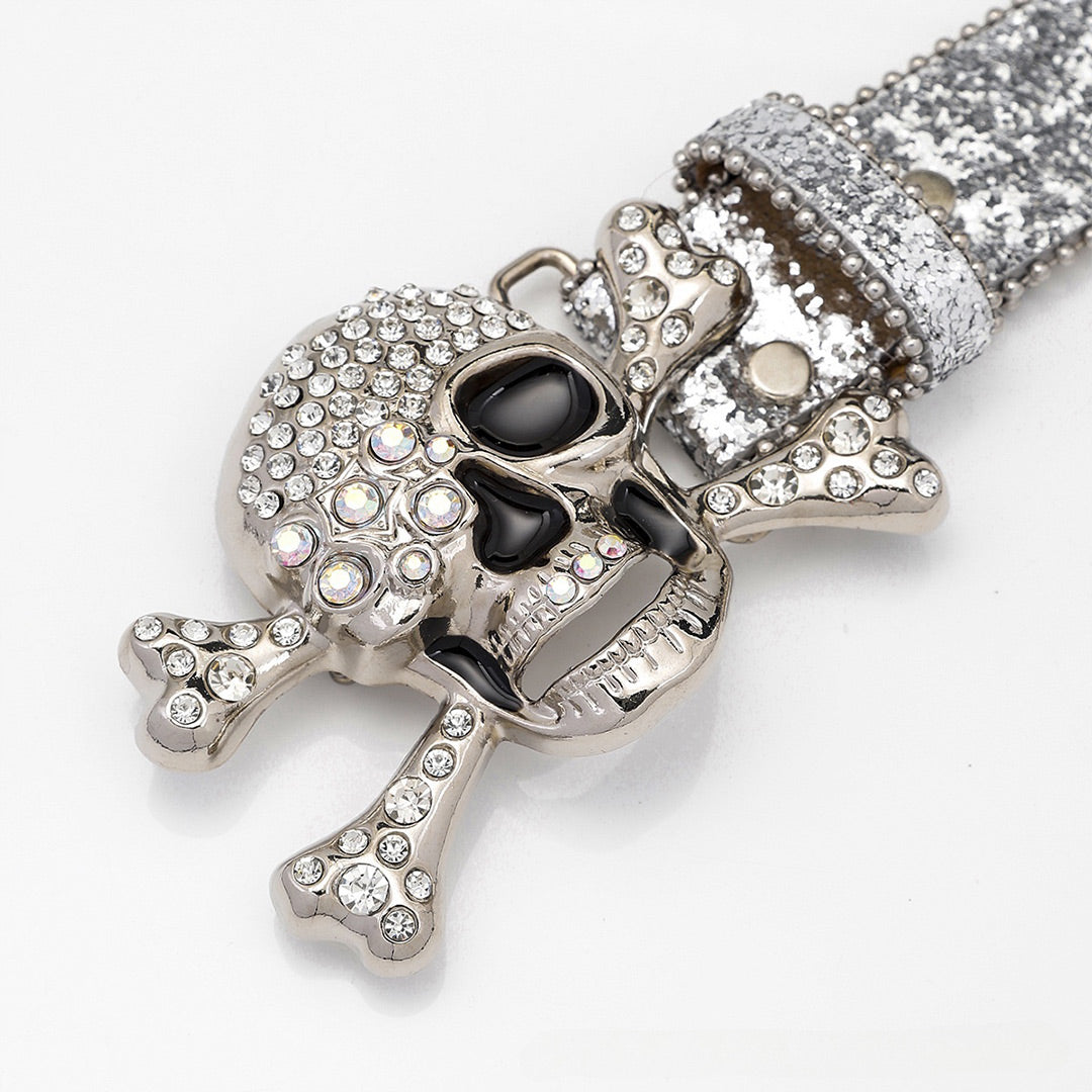Skull Buckle Silver Shiny Strap With Crystal Studded Rhinestone Belt