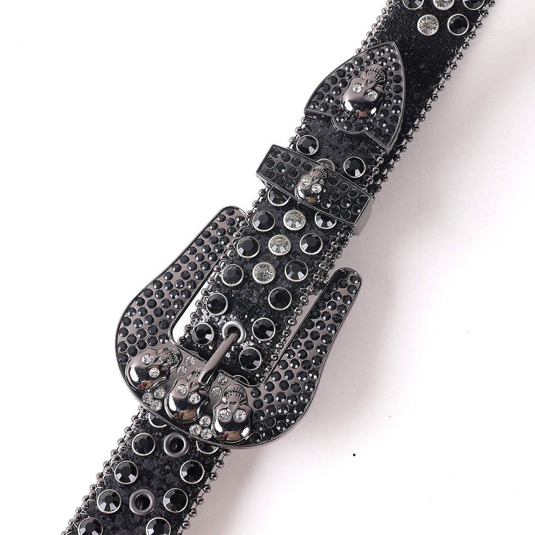 Skull Buckle Black Strap With Black & White Studded Rhinestone Belt
