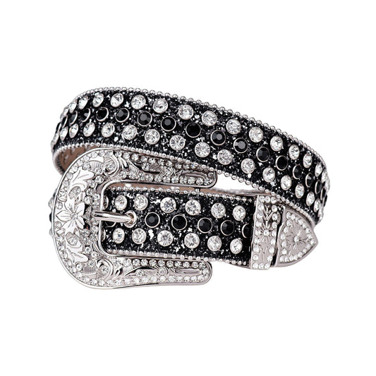 Engraved Buckle Shiny Black Strap With Black & Silver Studded Rhinestone Belt