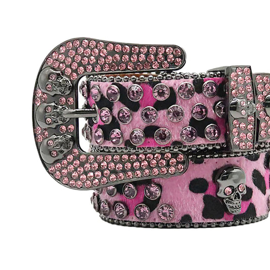 Skull buckle pattern pink strap pink studded rhinestone belt – Rhinestone Belt Shop