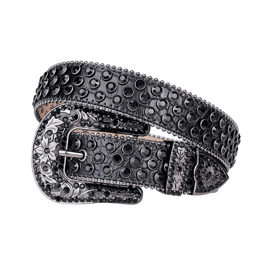 Engraved Buckle Black Strap With Black Studded Rhinestone Belt