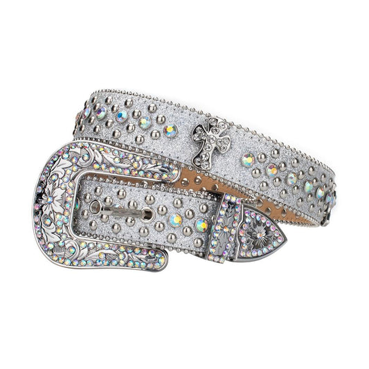 Engraved Buckle Cross Grey Strap With Multi Studded Rhinestone Belt