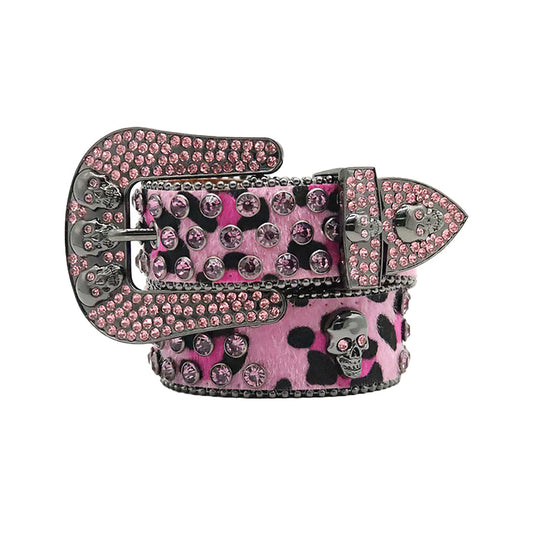 Skull buckle pattern pink strap pink studded rhinestone belt – Rhinestone Belt Shop