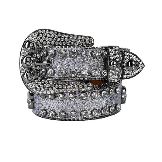Skull Buckle Grey Strap With Grey Studded Rhinestone Belt