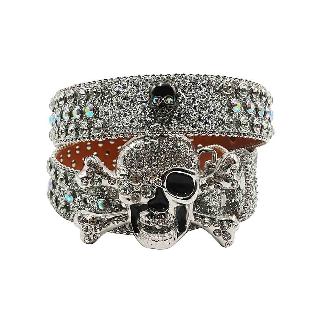 Metal Skull Buckle Silver Strap With Silver & Multi Studded Rhinestone Belt