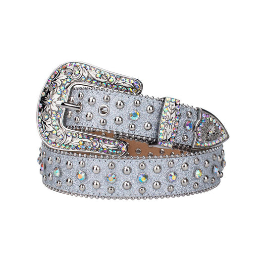 Engraved Buckle Shiny Grey Strap With Multi Studded Rhinestone Belt