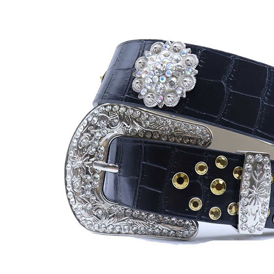 Engraved Buckle Black Strap With Gold Studded Rhinestone Belt