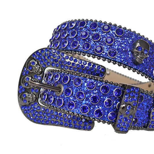 Blue Rhinestone Belt With Blue Glitter Strap and Skull Buckles
