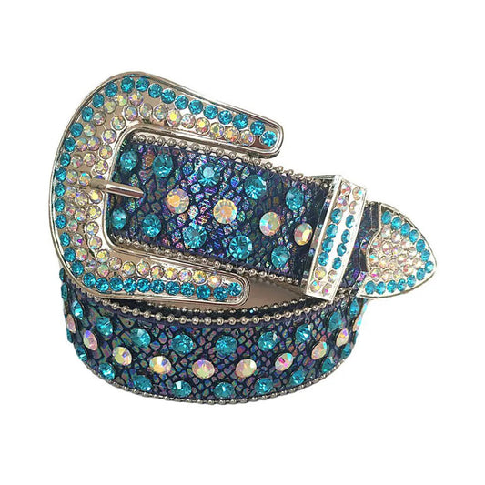 Sky And Chromatic Rhinestone Belt With Chromatic Textured strap