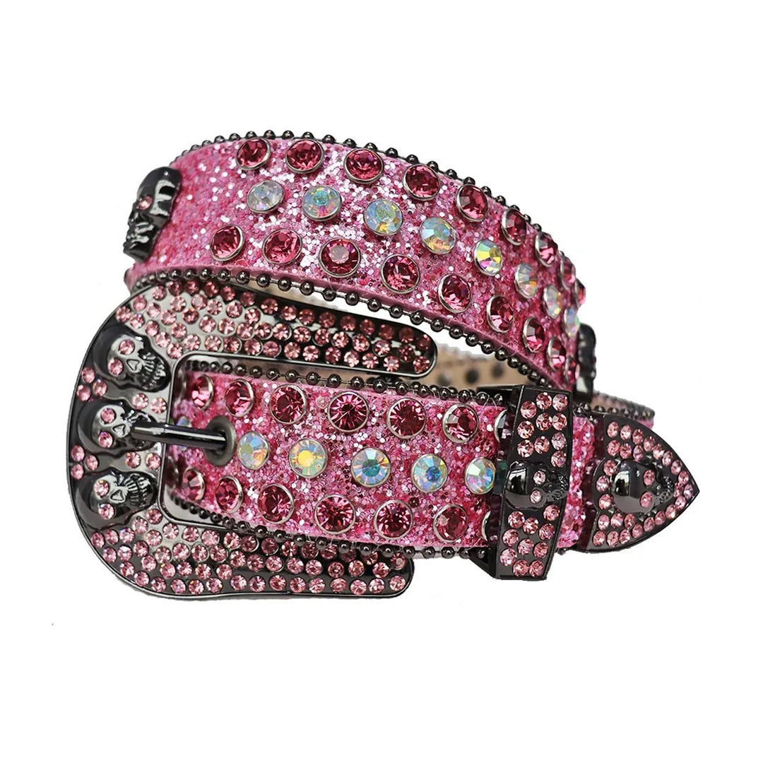 Diamond and pink rhinestone belt with pink glitter strap and skull buckles – Rhinestone Belt Shop
