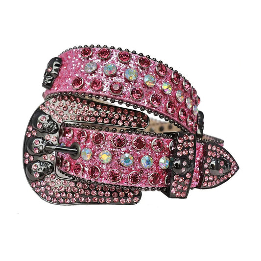 Diamond and pink rhinestone belt with pink glitter strap and skull buckles – Rhinestone Belt Shop