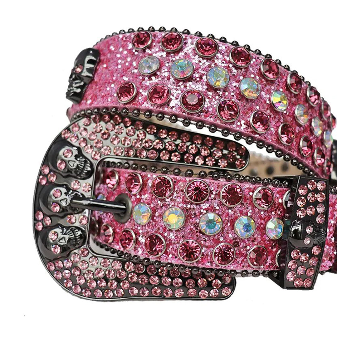 Diamond and pink rhinestone belt with pink glitter strap and skull buckles – Rhinestone Belt Shop
