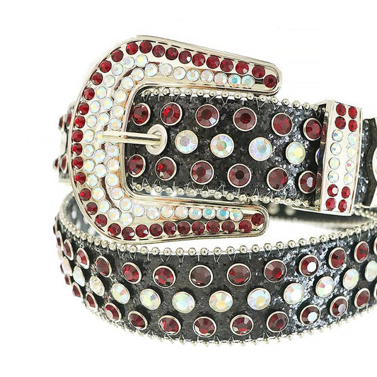 Red And Chromatic Rhinestone Belt With Black Glitter Strap