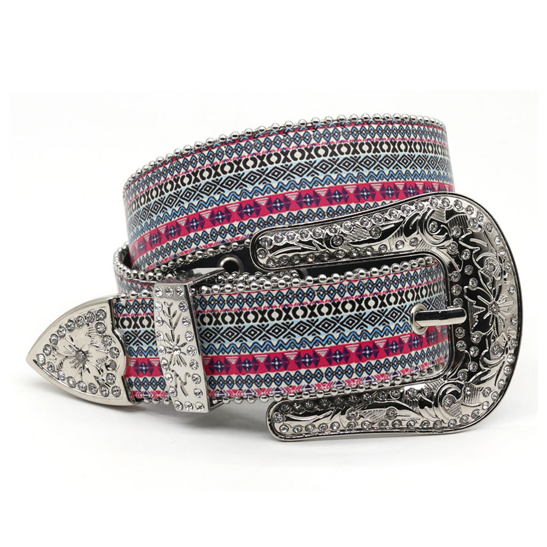 Engraved Buckle Sparkling Fish White Studded Rhinestone Belt