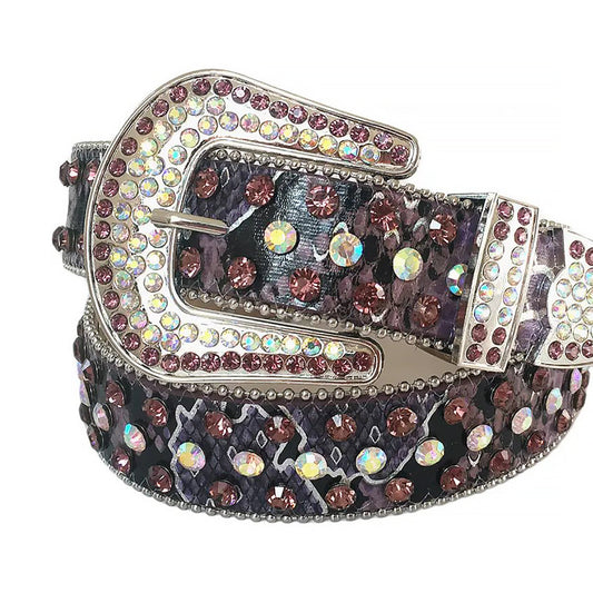 Wine And Chromatic Rhinestone Belt With Black Strap