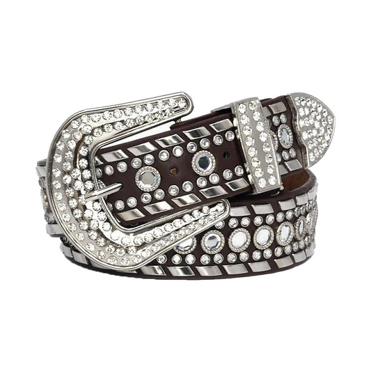 Diamond Rhinestone and Silver Studs Belt With D/Brown Strap