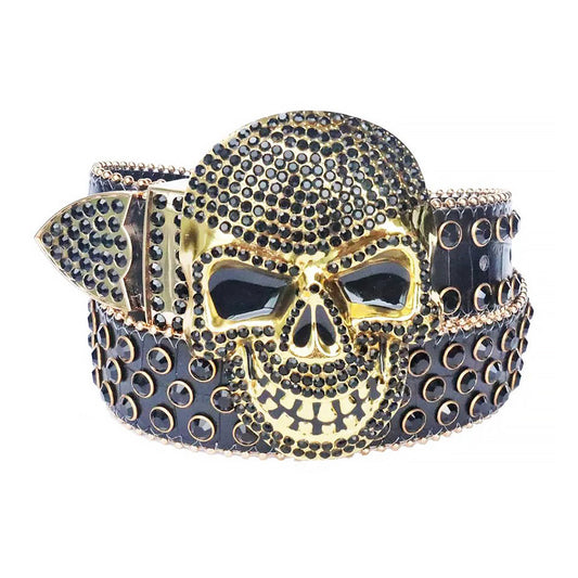 Black Rhinestone Belt With Black Strap and Skull Buckles