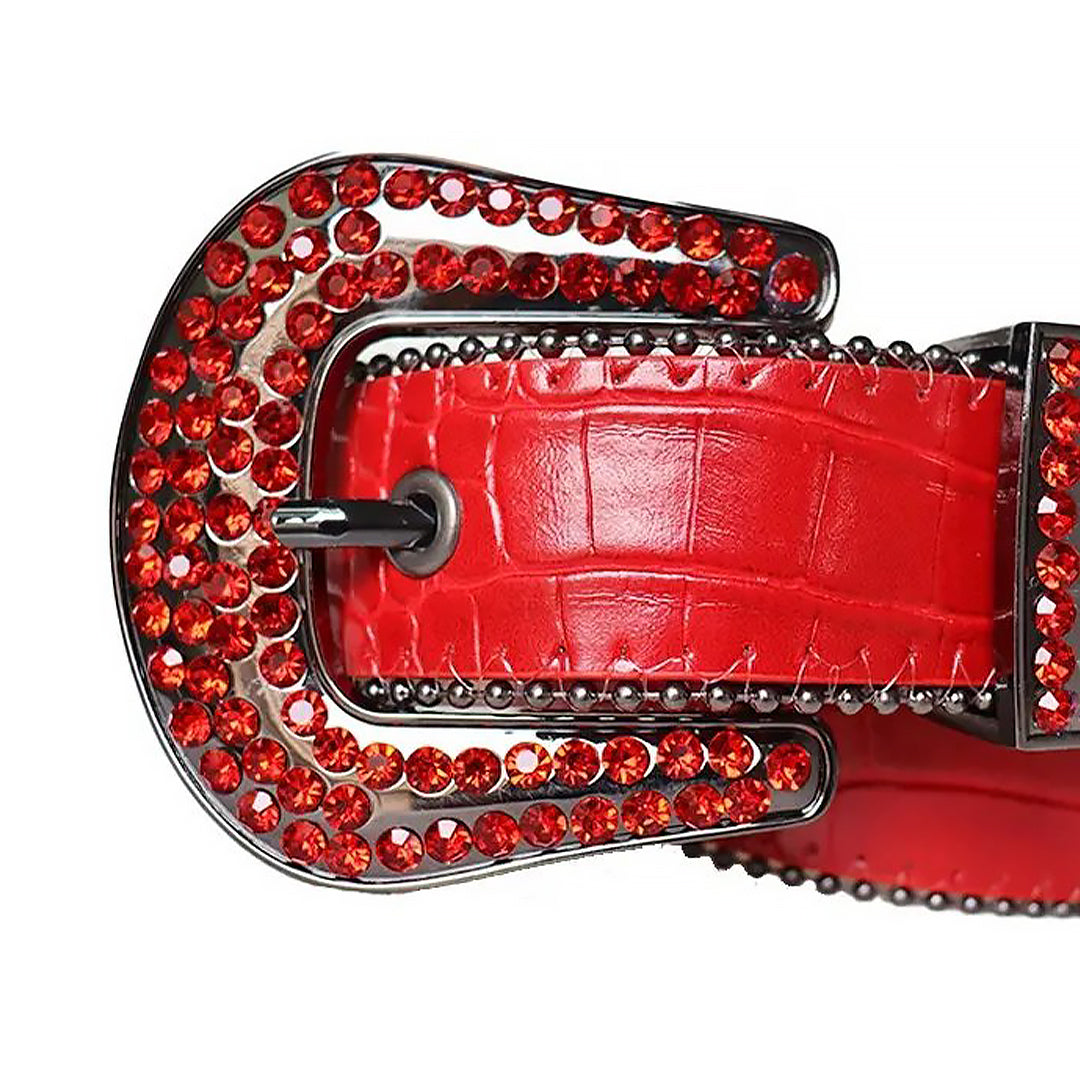 Red Rhinestone Belt With Red Textured Strap Black Buckle