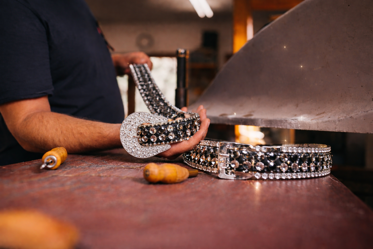 Craftsman holding a black rhinestone-studded belt with a sparkling buckle in a workshop, showcasing detailed handwork and luxury craftsmanship, with another rhinestone belt and tools on the wooden workbench.