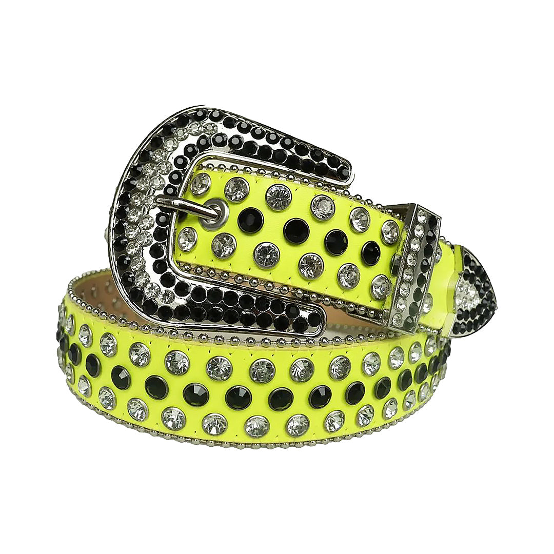 Black Multi Color Rhinestone Belt With Yellow Strap