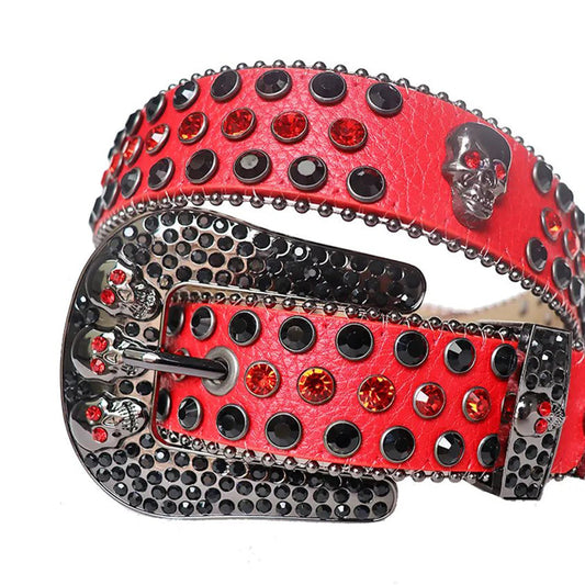 Black and Red Rhinestone Belt With Red Strap and Skull Buckles