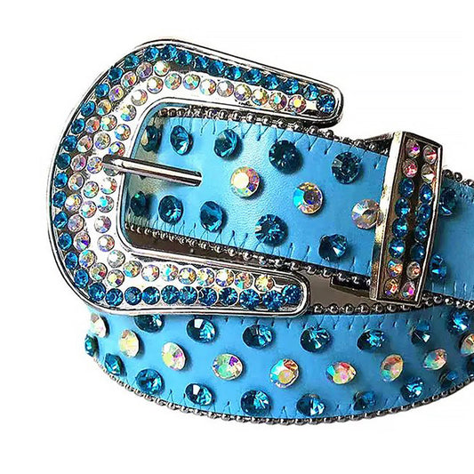 Blue And Chromatic Rhinestone Belt With Blue Strap