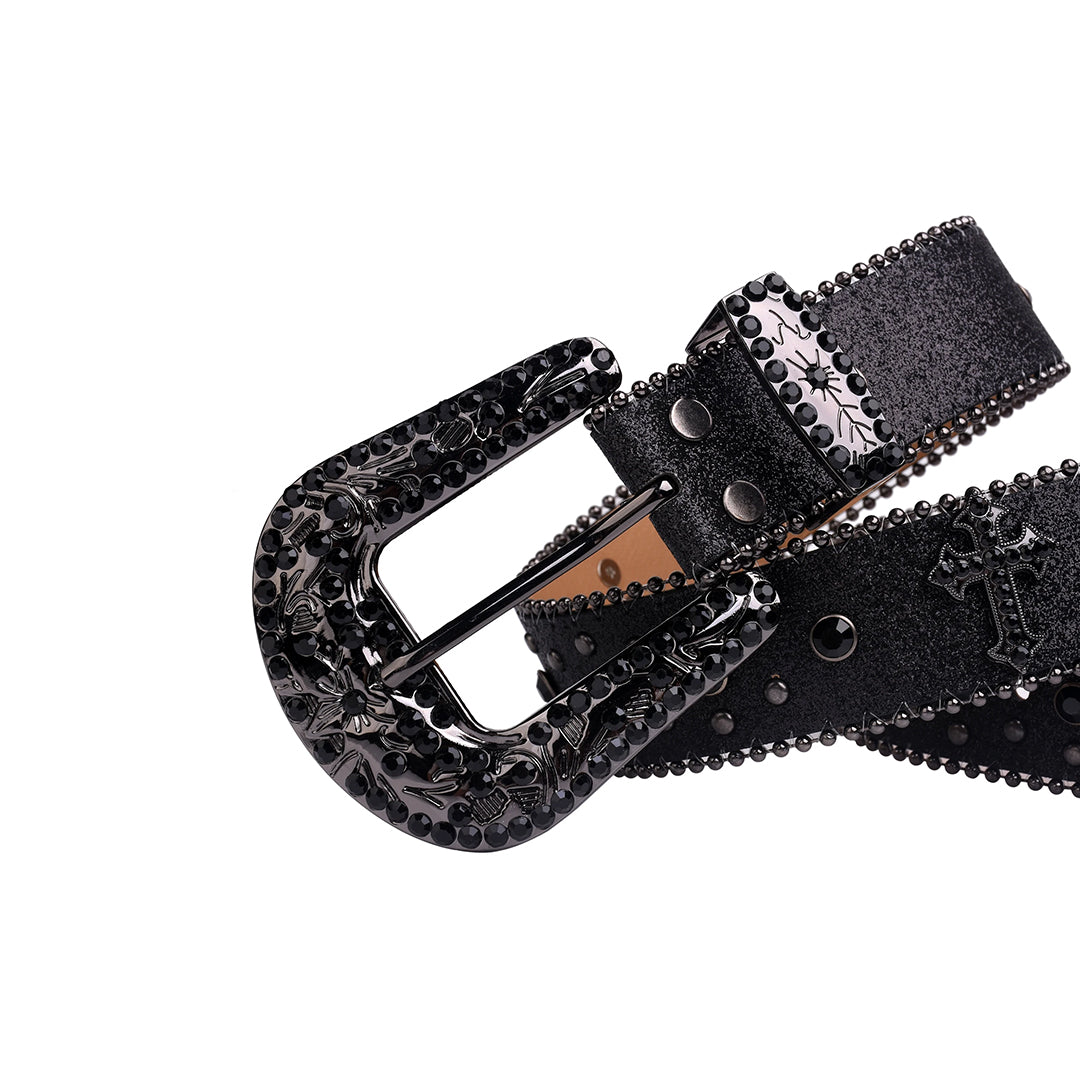 Engraved Buckle Cross Black Strap With Black Studded Rhinestone Belt