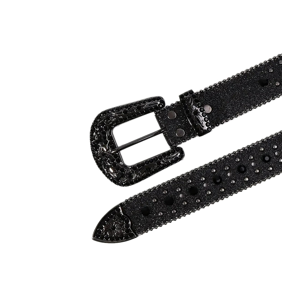 Engraved Buckle Cross Black Strap With Black Studded Rhinestone Belt