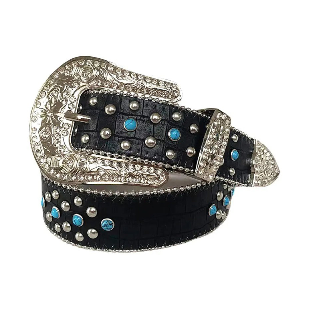 Blue Rhinestone Belt With Black Textured Strap
