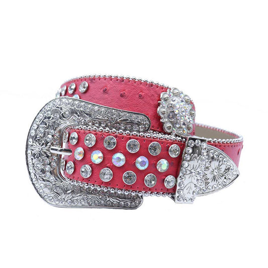 Red strap rhinestone belt with an engraved flower buckle, adorned with multi-colored crystals, creating a sparkling and elegant statement accessory.