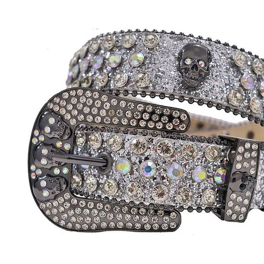 Diamond Rhinestone Belt With Grey Glitter Strap and Skull Buckles