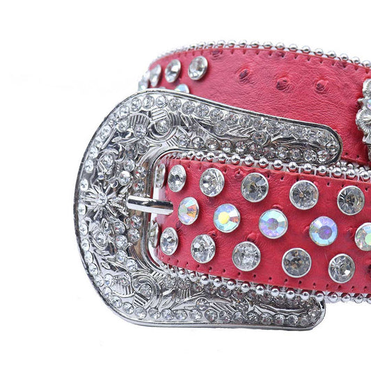 Red strap rhinestone belt with an engraved flower buckle, adorned with multi-colored crystals, creating a sparkling and elegant statement accessory.