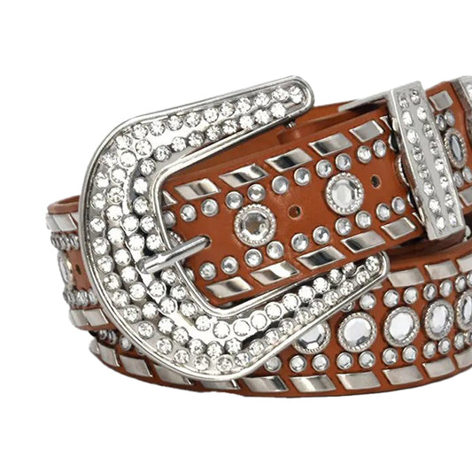 Diamond Rhinestone Belt With Brown Strap