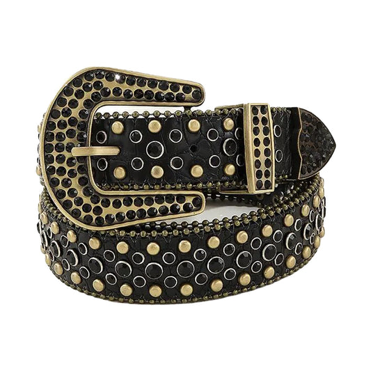 Black Rhinestone and Gold Studs Belt With Black Textured Strap