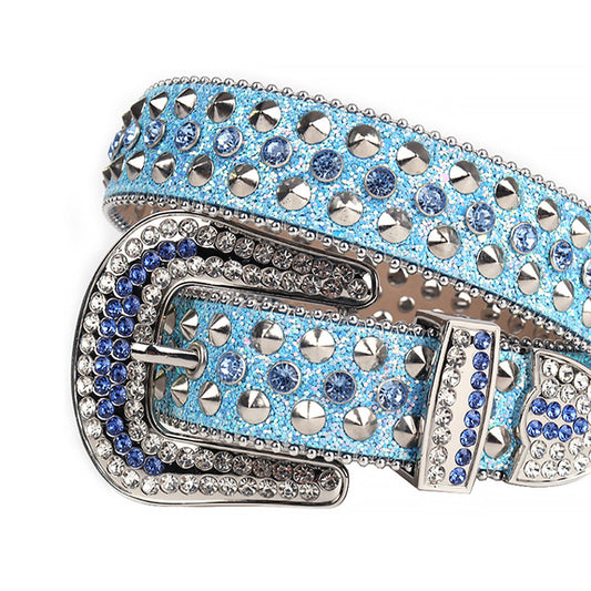 Blue Color Studded Rhinestone Belt With Blue Strap