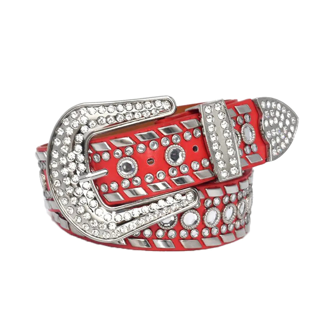 Diamond Rhinestone and Silver Studs Belt With Red Strap
