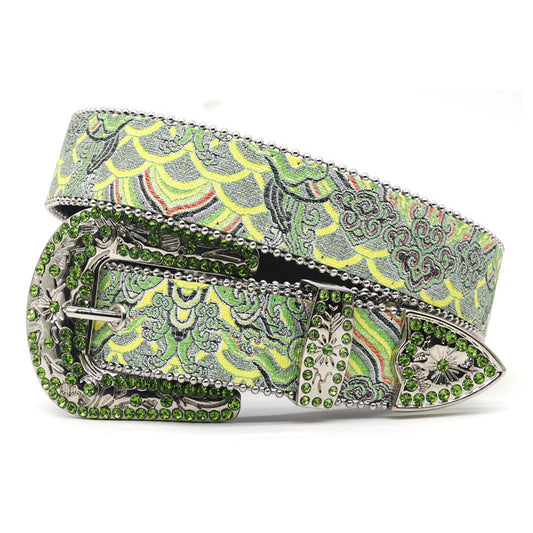 Engraved Buckle Art Style Green Studded Rhinestone Belt