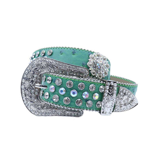 Green rhinestone belt with engraved flower buckle and multi crystal studs