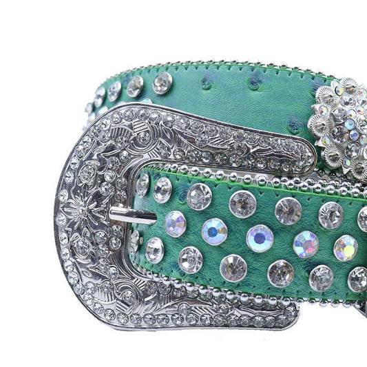 Green rhinestone belt with engraved flower buckle and multi crystal studs