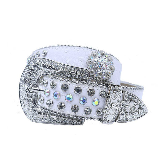Engraved flower buckle white strap multi crystal studded rhinestone belt – Rhinestone Belt Shop