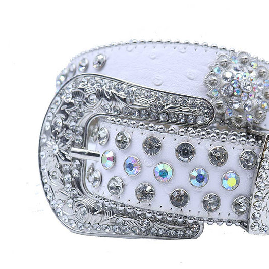Engraved flower buckle white strap multi crystal studded rhinestone belt – Rhinestone Belt Shop