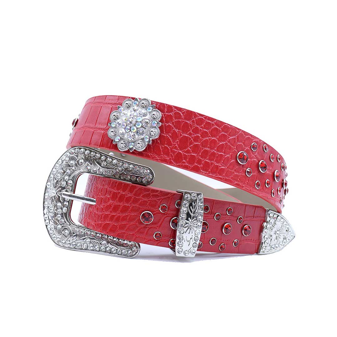 Red rhinestone belt with engraved flower buckle and studded strap