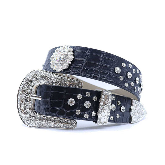 Engraved flower buckle black strap crystal studded rhinestone belt – Rhinestone Belt Shop