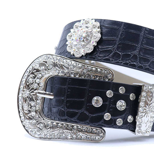 Engraved flower buckle black strap crystal studded rhinestone belt – Rhinestone Belt Shop