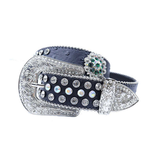 Engraved buckle flower black strap multi crystal studded rhinestone belt – Rhinestone Belt Shop