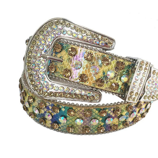 Multi Chromatic Rhinestone Belt With Snake Texture Shiny Strap