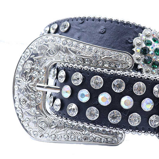 Engraved buckle flower black strap multi crystal studded rhinestone belt – Rhinestone Belt Shop