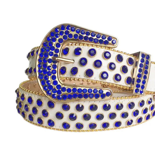 Blue Rhinestone Belt With White Texture Strap