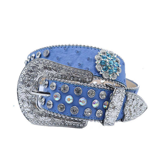 Women’s blue strap rhinestone belt with floral engraved buckle