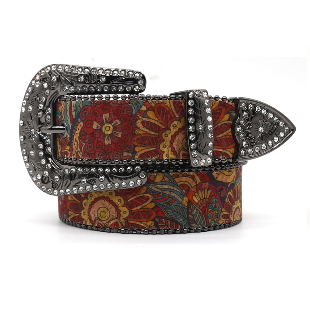 Engraved Buckle Flower Art White Studded Rhinestone Belt